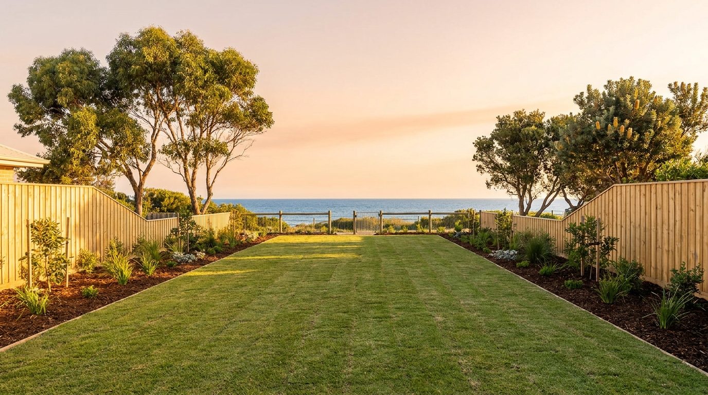 A tidy coastal backyard with established gum trees and an ocean view at sunset
