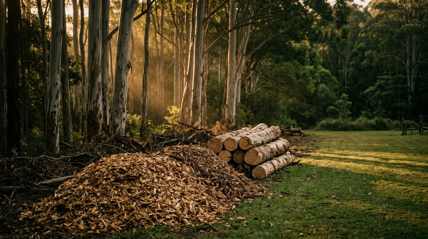 Fresh woodchip and neatly stacked logs in a clearing at golden hour, Mid North Coast