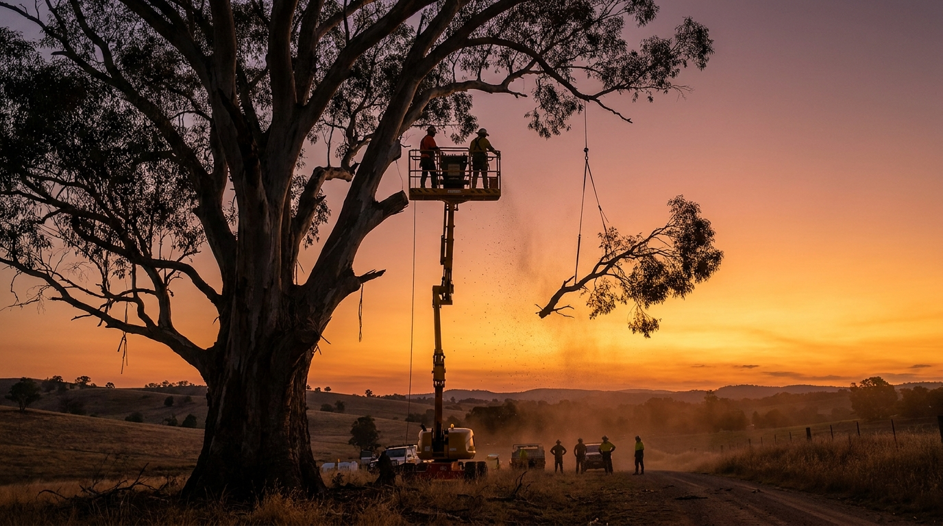 A large tree being felled in warm light