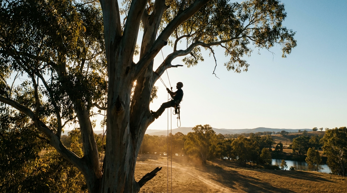 A certified tree climber roped high in a large gum at golden hour