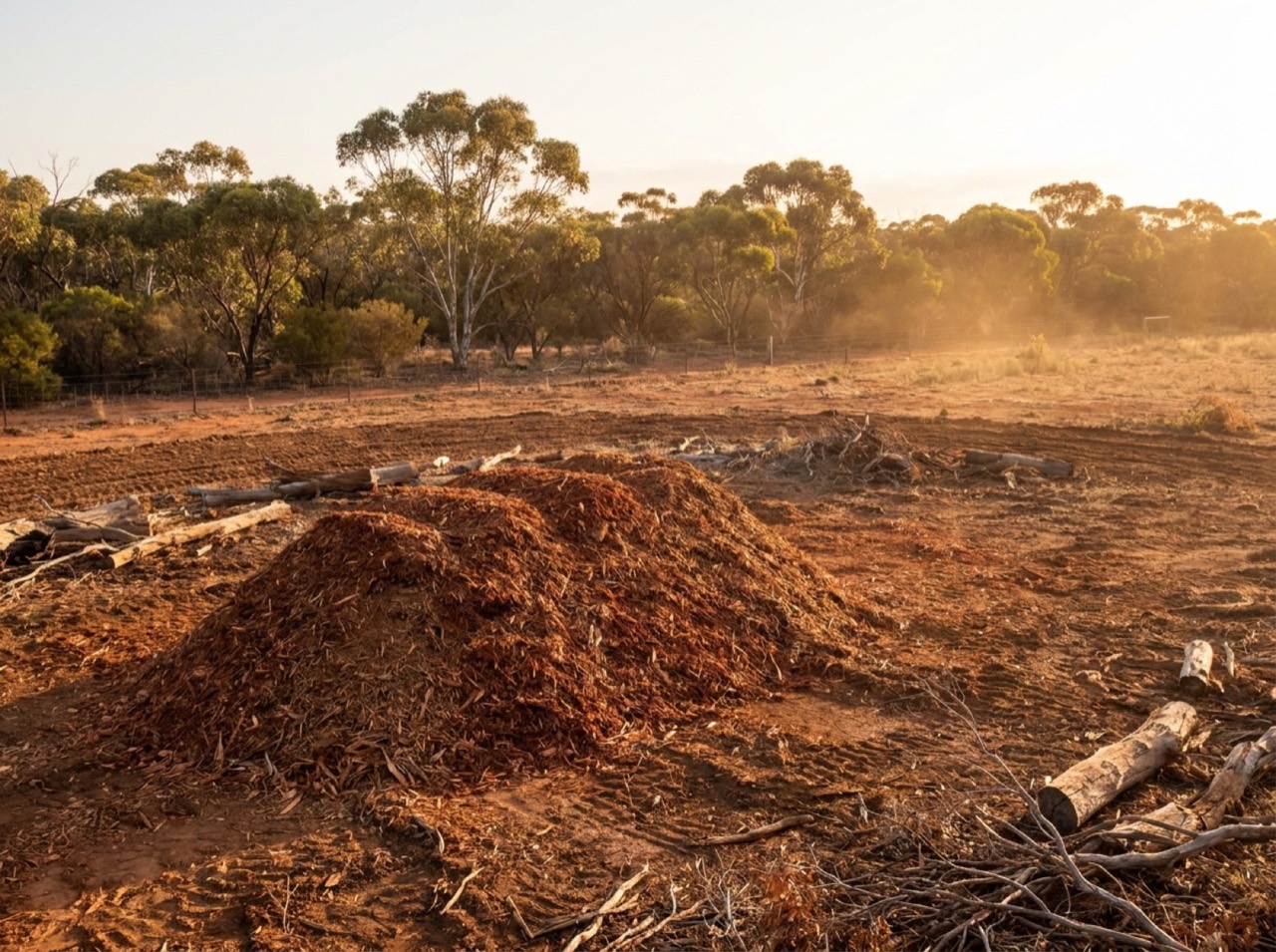 Cleared bushland with mulch and timber sorted after a land clearing job