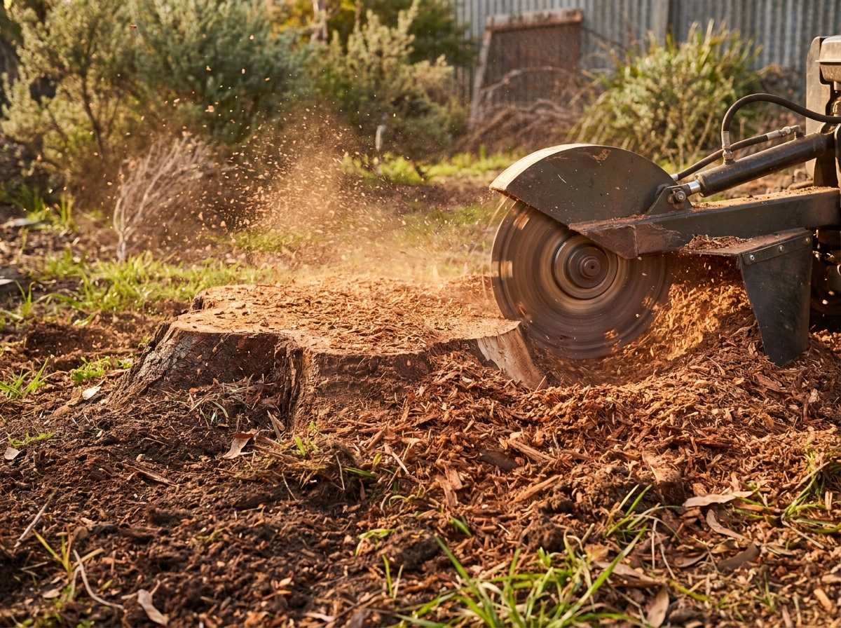 A stump grinder clearing an old tree stump below ground level