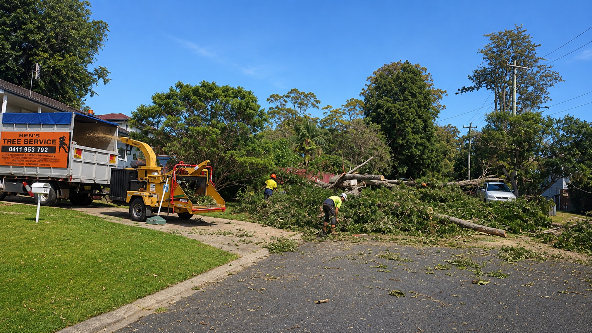 The Ben's Tree Service crew felling and chipping a large tree on a Mid North Coast street